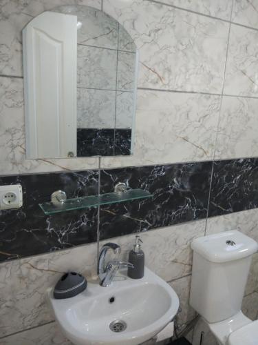 a bathroom with a sink and a mirror and a toilet at Salda Lake Sagiroglu Apart in Gökçe