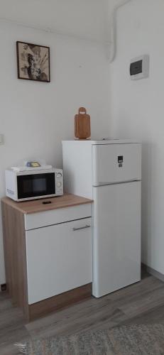 a white kitchen with a microwave and a refrigerator at Avar Vendégház in Matrafured