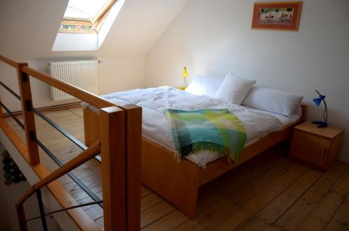 1 dormitorio con 1 cama y suelo de madera en Penzion04, en Třeboň