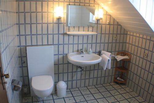 La salle de bains est pourvue de toilettes et d'un lavabo. dans l'établissement Haus Wegener, à Bad Sassendorf