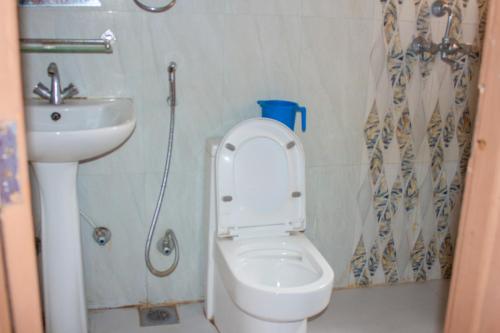a small bathroom with a toilet and a sink at Hotel Om in Kathmandu