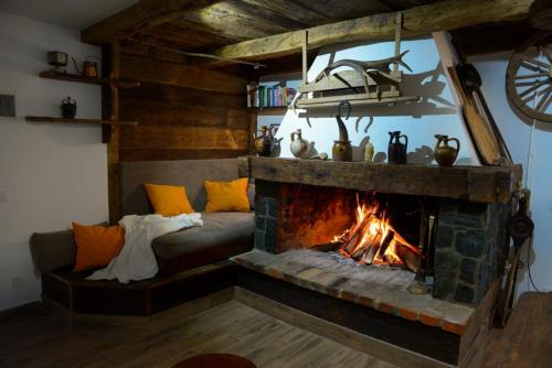 - un salon avec une cheminée et un canapé dans l'établissement Vikend kuca Mir, à Despotovac