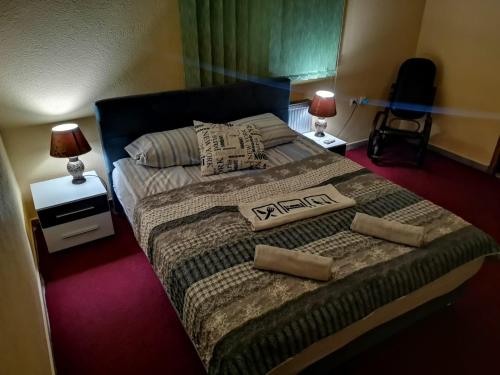 ein Schlafzimmer mit einem großen Bett in einem Zimmer in der Unterkunft Apartman Nik-Rom in Bosanska Gradiška
