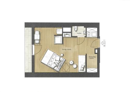 a floor plan of a bedroom apartment at HOMEBOUND APARTMENTS Salzburg City II - contactless check-in in Salzburg