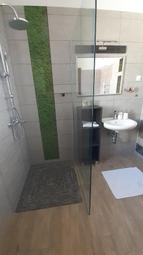 a bathroom with a shower and a sink at Bíbic Apartman A in Kápolnásnyék