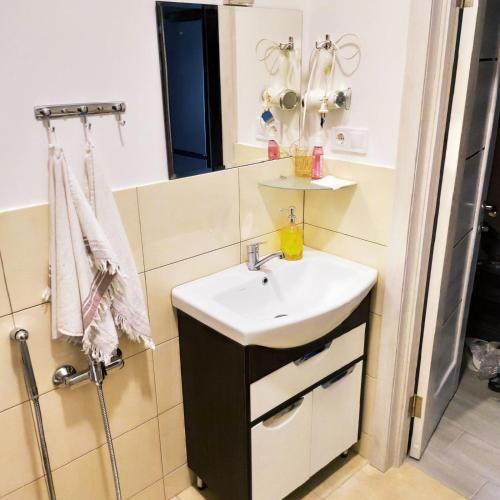 y baño con lavabo y espejo. en Небольшая уютная квартира вблизи Лузановки в Одессе, en Korsuntsy