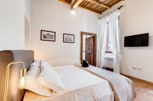 - une chambre avec un lit et un chat assis dans l'établissement LIVING COLOSSEUM, à Rome