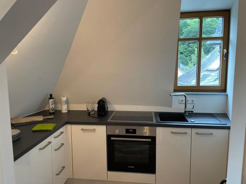 una cucina con lavandino e piano cottura di FEWO Schlossberg Weingut C.A. Haussmann a Traben-Trarbach