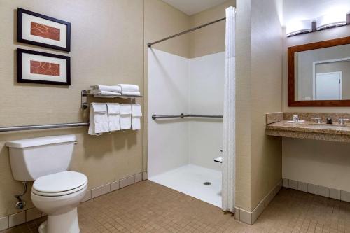 a bathroom with a toilet a sink and a bathtub at Comfort Suites Coralville I-80 in Coralville