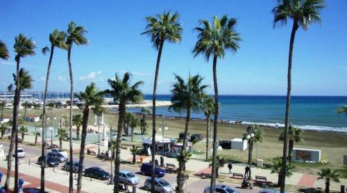 a view of a beach with palm trees and the ocean at 104 Excellent 2 bed apartment with pool view, AC & gym! in Perivolia