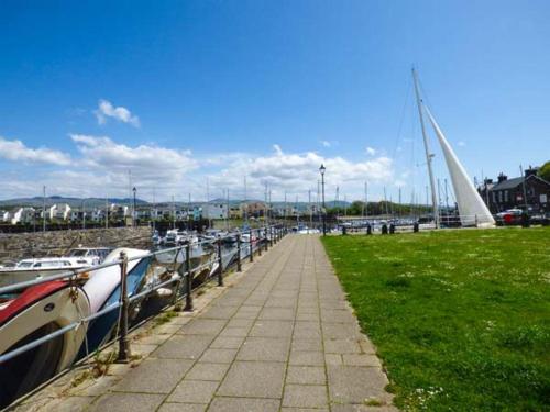 a row of boats docked next to a field of grass at Harbourside in Porthmadog