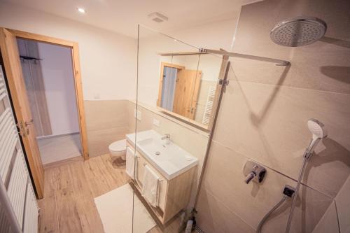 a bathroom with a sink and a toilet and a shower at ZORE JASNÁ Apartments in Demanovska Dolina