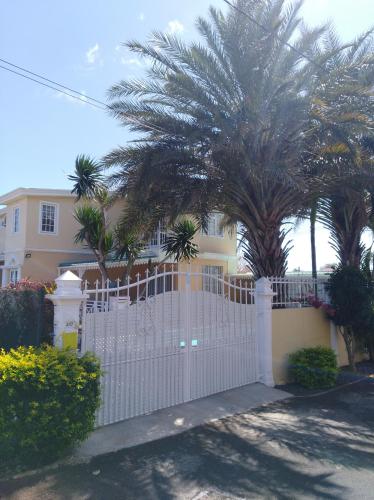 a white fence in front of a house with palm trees at Villa kartner in Albion