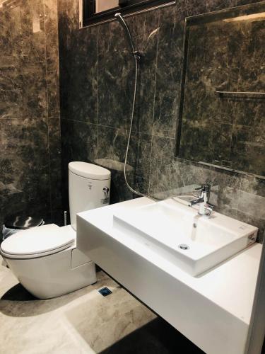 a bathroom with a white sink and a toilet at 隱山行旅包棟民宿 in Puli