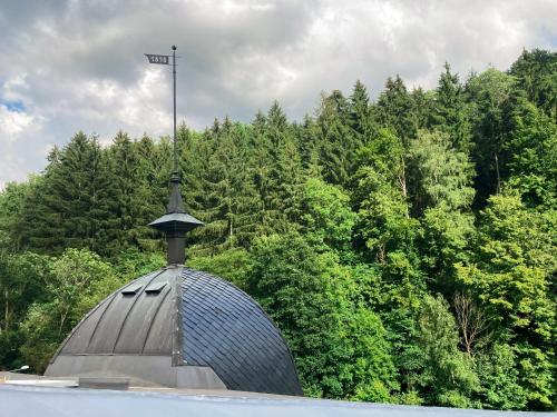 a building with a weather vane on top of it at Penzion Vila Julie in Jilemnice