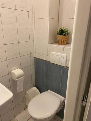 a small bathroom with a toilet and a sink at Apartmán s terasou in Senec