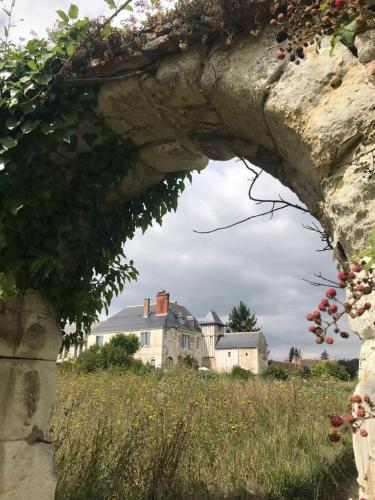 an arch in a stone wall with houses in the background at Charmant gite en rez-de-jardin in Saint-Aignan