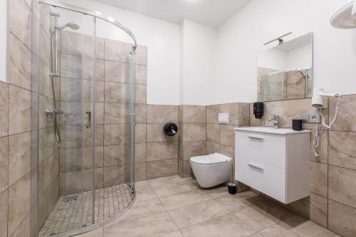 a bathroom with a shower and a toilet at Seaside Central Hotel in Palanga