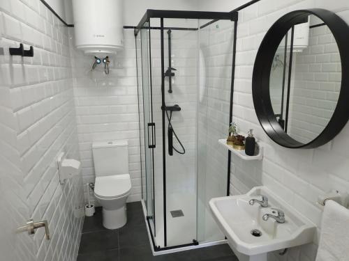 a bathroom with a shower and a toilet and a sink at Voga Voga in Corcubión