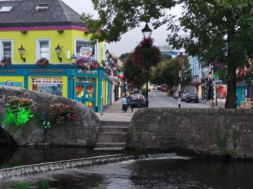 a river in a town with a bridge and buildings at Country Lane Homestay in Westport