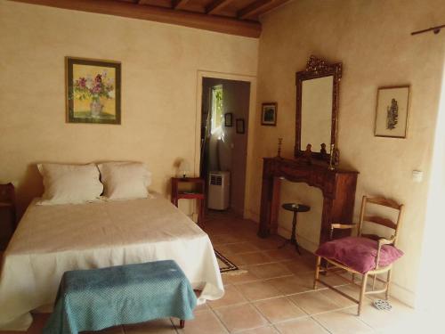 a bedroom with a bed and a mirror and a chair at Le Domaine de Belle in LʼIsle-sur-la-Sorgue
