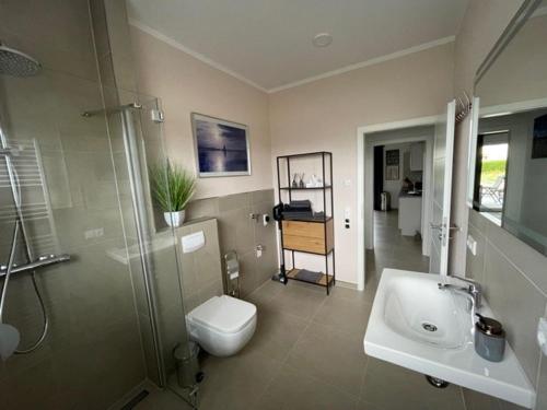 uma casa de banho com um lavatório, um WC e um chuveiro em Sweet Home am Arendsee em Arendsee