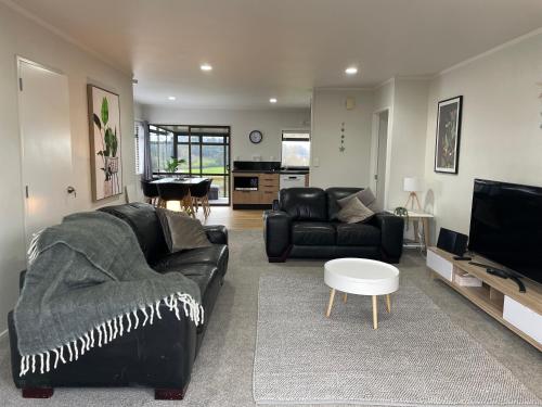 a living room with a black leather couch and a tv at Modern apartment- rural outlook, central Cambridge in Cambridge