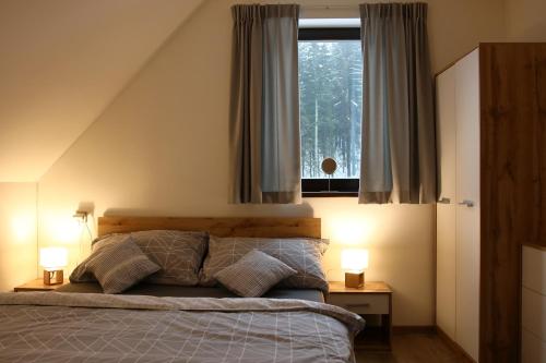 a bedroom with a bed with a window and two lamps at Jankův Zlatý Hamr in Janske Lazne