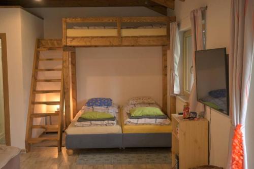 a bedroom with two bunk beds and a ladder at Útulný domek v zahradě v Unhošti nedaleko letiště in Unhošť