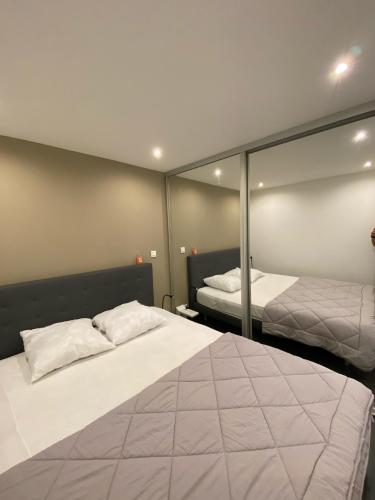 a bedroom with two beds and a large mirror at 2 Pièces La Tour in Saint-Étienne-de-Tinée