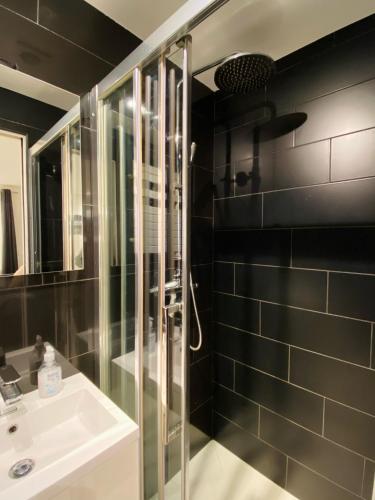 La salle de bains est pourvue d'une douche et d'un lavabo. dans l'établissement Studio La Tour, à Saint-Étienne-de-Tinée