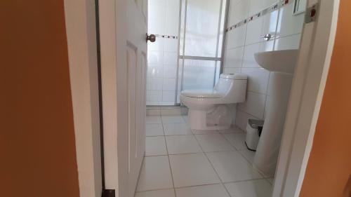 a small bathroom with a toilet and a sink at Achibueno Lodge in Linares