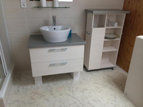 a white bathroom with a sink and a shelf at Penzion Panorama in Beroun
