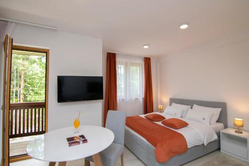 a bedroom with a bed and a table and a tv at Hotel Agape in Zlatibor