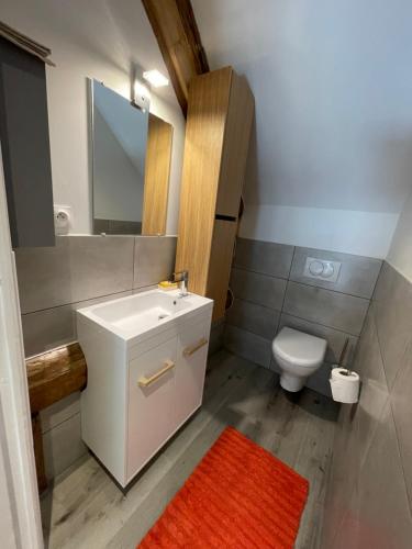 a bathroom with a white sink and a toilet at Domaine Ravy-La Camélia in Saint-Symphorien-sur-Saône