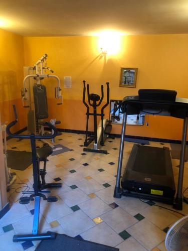a room with a gym with a tv and weights at Logis Hôtel Restaurant de la Paix in Lodève