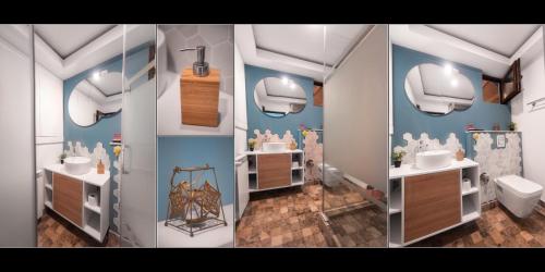 three pictures of a bathroom with two sinks and a toilet at Vila H2O in Mangalia