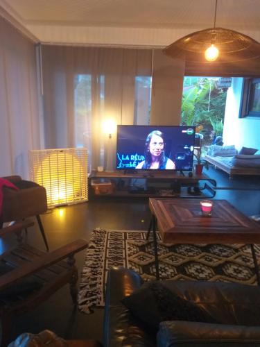 una sala de estar con TV con una mujer en la pantalla en CHAMBRE CHEZ L HABITANT PISCINE VUE MER SDB et TERRASSE PRIVEE, en Saint-Pierre