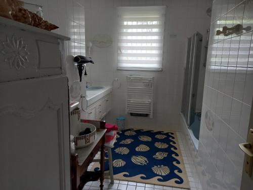 uma casa de banho com um tapete azul e branco no chão em Marie em Mignaloux-Beauvoir