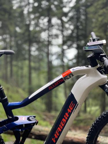 a bike handlebar on a trail in the woods at Leśna Kąpiel in Karpacz