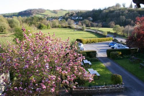 a park with a bunch of pink flowers and benches at Furzeleigh Mill Inn in Buckfastleigh