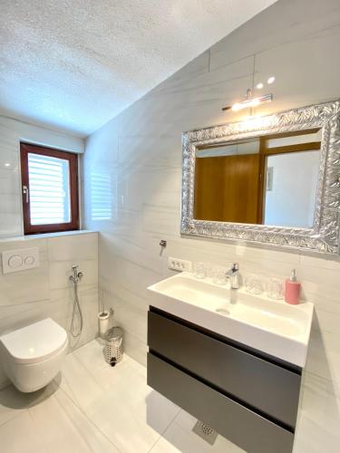 a bathroom with a sink and a toilet and a mirror at Guesthouse Gradina in Lovište