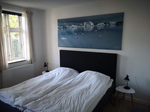 a bedroom with a bed with white sheets and a window at Safine B&B in Fåborg