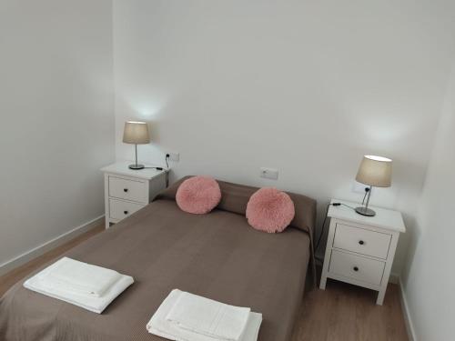 a bedroom with a bed with pink pillows and two night stands at A Apartamentos Diego in O Grove