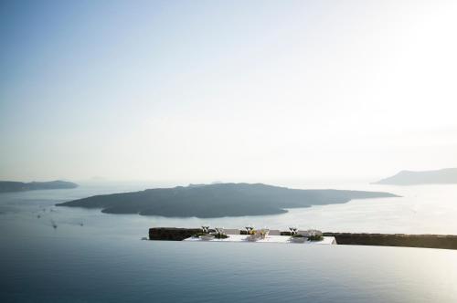 a group of animals standing on the edge of a body of water at Villa Bordeaux in Fira