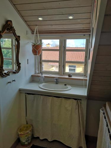 a bathroom with a sink and a window at Safine B&B in Fåborg