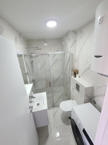 a white bathroom with a shower and a toilet at Bella Vita Dorćol in Belgrade