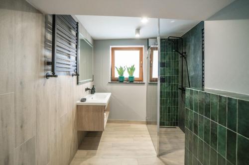 a bathroom with a sink and a shower at Kościerzynkowo in Kościerzyna