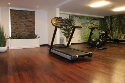 a gym with two treadmills and two exercise bikes at Hotel de Berny in Antony