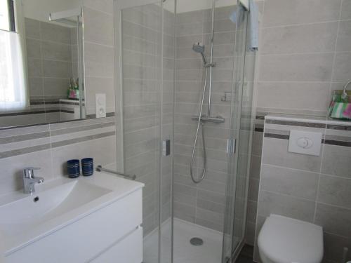 W łazience znajduje się prysznic, toaleta i umywalka. w obiekcie Chambre d'hôte, Royan plage, petit-déjeuner bio w mieście Royan